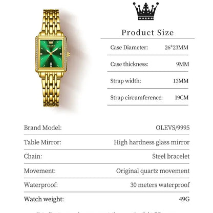 OLEVS 9995 Women's Luxury Diamond Wristwatch | Elegant Stainless Steel Square Watch with Waterproof and Luminous Features