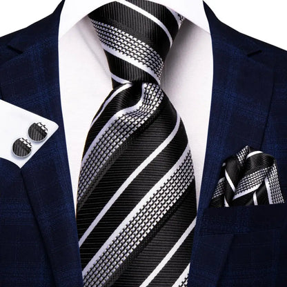 Black Red Striped Silk Wedding Tie for Men with Handkerchief and Cufflinks - Designer Necktie for Fashion, Business, and Parties. 3546