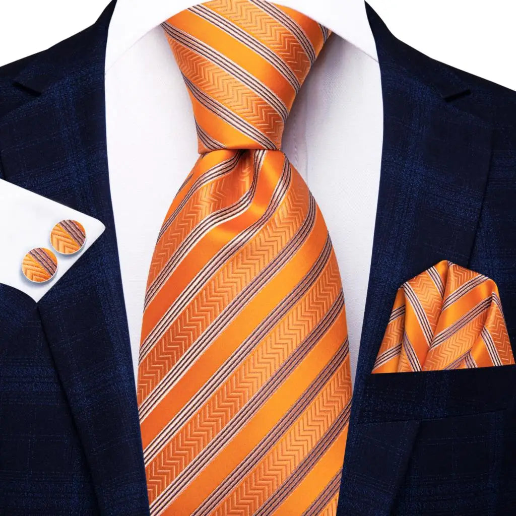 Black Red Striped Silk Wedding Tie for Men with Handkerchief and Cufflinks - Designer Necktie for Fashion, Business, and Parties. 3854