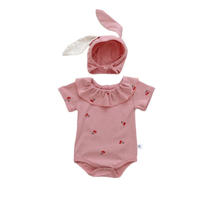 New In Summer Infant Newborn Girls Short Sleeve Cherry Print Outfits Jumpsuits Kids Baby Cotton Clothing Bodysuits Gift Hat
