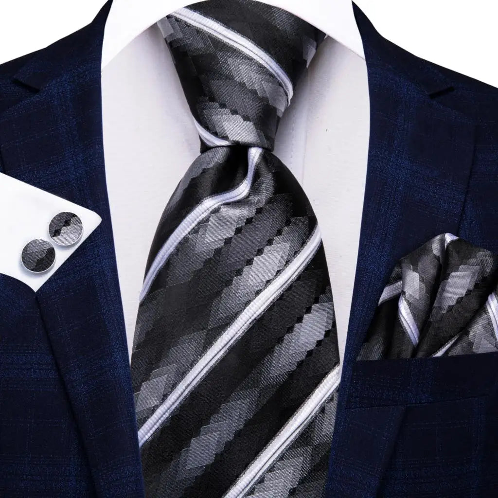 Black Red Striped Silk Wedding Tie for Men with Handkerchief and Cufflinks - Designer Necktie for Fashion, Business, and Parties. 3890
