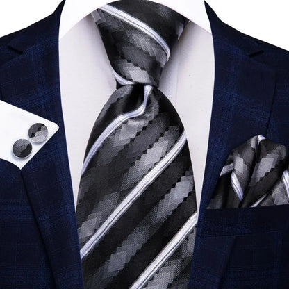Black Red Striped Silk Wedding Tie for Men with Handkerchief and Cufflinks - Designer Necktie for Fashion, Business, and Parties. 3890
