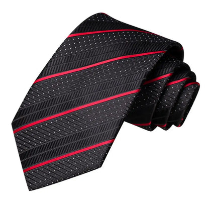 Black Red Striped Silk Wedding Tie for Men with Handkerchief and Cufflinks - Designer Necktie for Fashion, Business, and Parties.