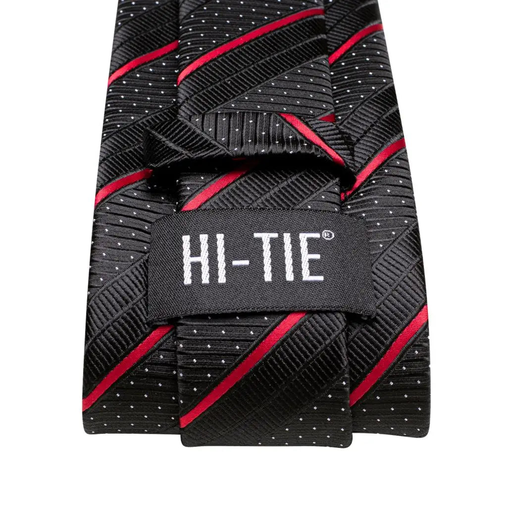 Black Red Striped Silk Wedding Tie for Men with Handkerchief and Cufflinks - Designer Necktie for Fashion, Business, and Parties.