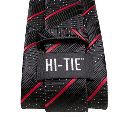 Black Red Striped Silk Wedding Tie for Men with Handkerchief and Cufflinks - Designer Necktie for Fashion, Business, and Parties.