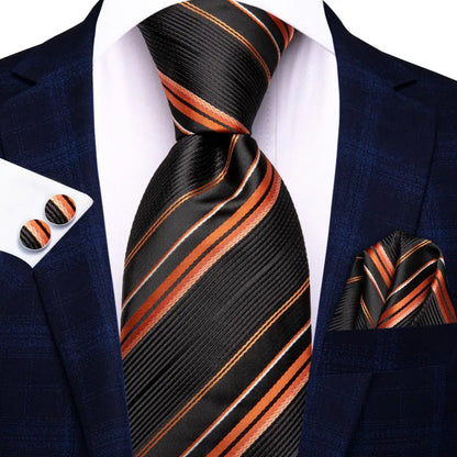 Black Red Striped Silk Wedding Tie for Men with Handkerchief and Cufflinks - Designer Necktie for Fashion, Business, and Parties. 3865