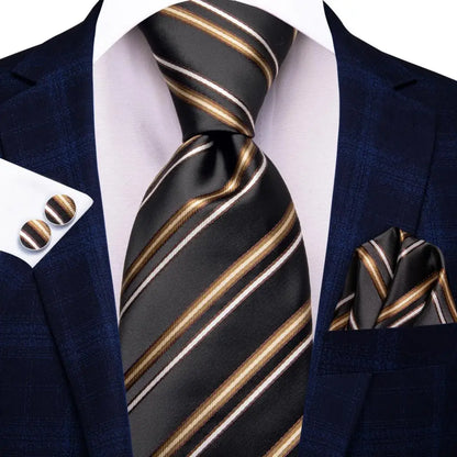 Black Red Striped Silk Wedding Tie for Men with Handkerchief and Cufflinks - Designer Necktie for Fashion, Business, and Parties. 3879