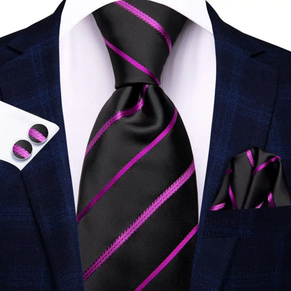 Black Red Striped Silk Wedding Tie for Men with Handkerchief and Cufflinks - Designer Necktie for Fashion, Business, and Parties. 3867