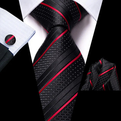 Black Red Striped Silk Wedding Tie for Men with Handkerchief and Cufflinks - Designer Necktie for Fashion, Business, and Parties. 3475