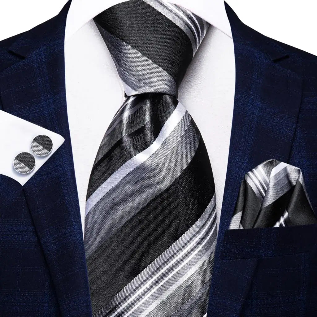 Black Red Striped Silk Wedding Tie for Men with Handkerchief and Cufflinks - Designer Necktie for Fashion, Business, and Parties. 3796