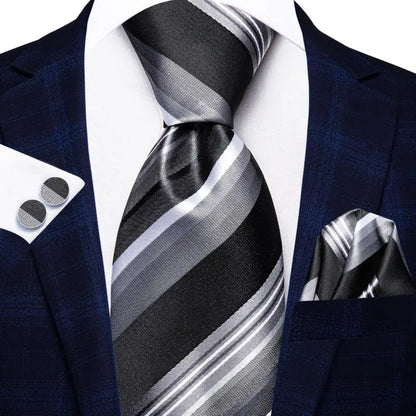 Black Red Striped Silk Wedding Tie for Men with Handkerchief and Cufflinks - Designer Necktie for Fashion, Business, and Parties. 3796