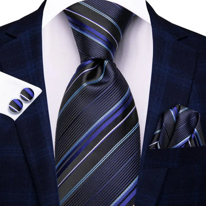 Black Red Striped Silk Wedding Tie for Men with Handkerchief and Cufflinks - Designer Necktie for Fashion, Business, and Parties. 3866