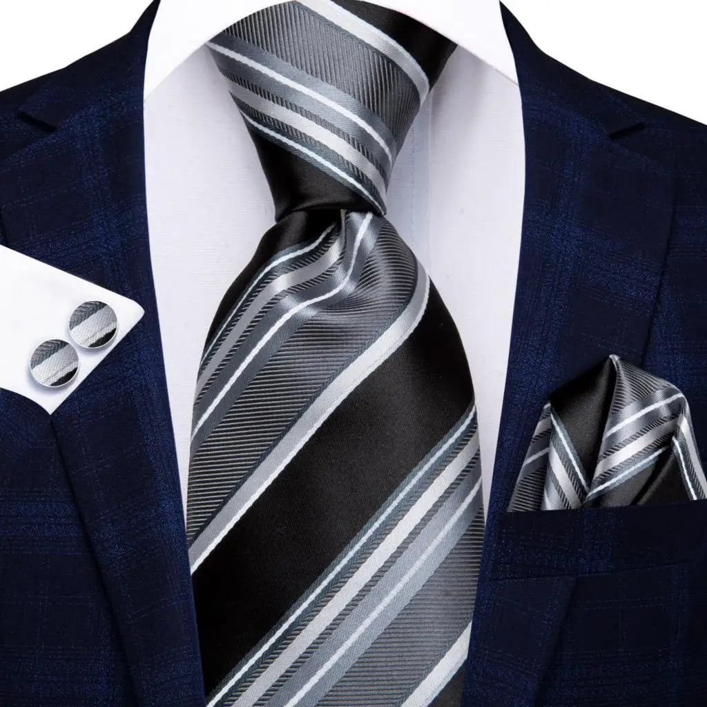 Black Red Striped Silk Wedding Tie for Men with Handkerchief and Cufflinks - Designer Necktie for Fashion, Business, and Parties. 3897