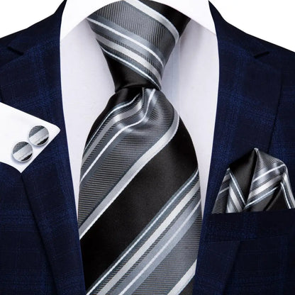 Black Red Striped Silk Wedding Tie for Men with Handkerchief and Cufflinks - Designer Necktie for Fashion, Business, and Parties. 3897