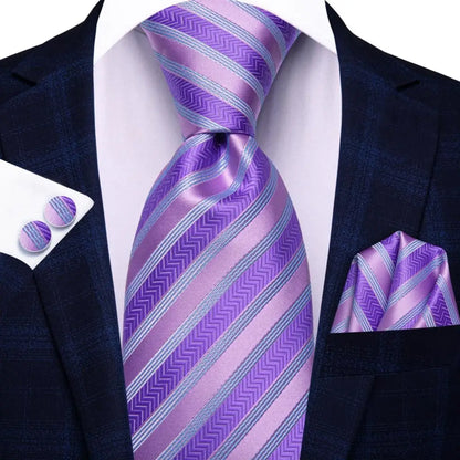 Black Red Striped Silk Wedding Tie for Men with Handkerchief and Cufflinks - Designer Necktie for Fashion, Business, and Parties. 3853