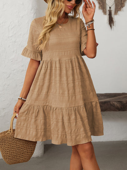 Mandy Ruffled Ruched Round Neck Half Sleeve Dress Tan