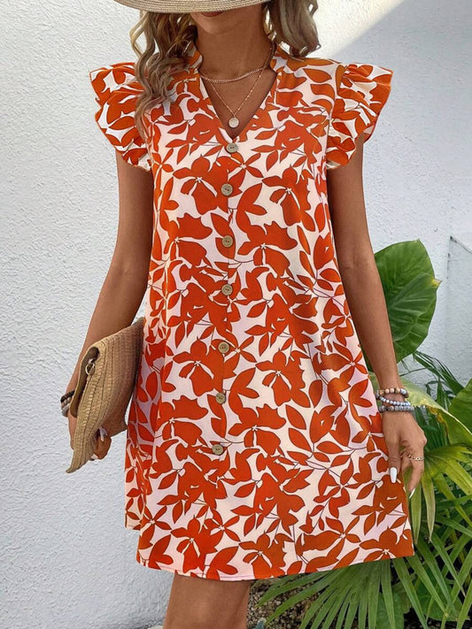 Printed Notched Cap Sleeve Mini Dress Orange-Red