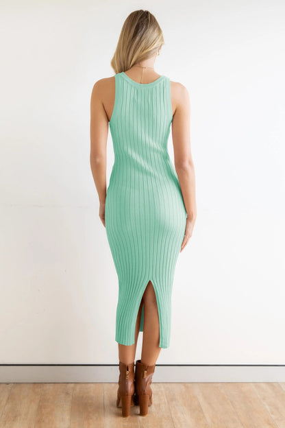 Slit Ribbed Round Neck Sleeveless Dress Gum Leaf