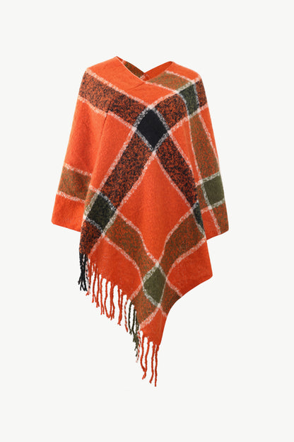 Plaid Fringe Detail Poncho Orange-Red One Size