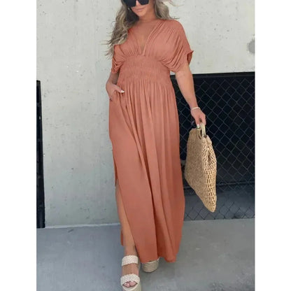 Women's Bat-Sleeve V-Neck Maxi Dress - Summer Slit Dress with Elastic Waist Caramel Color
