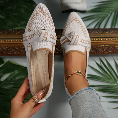 knitted Slip-On Flats with Bow White