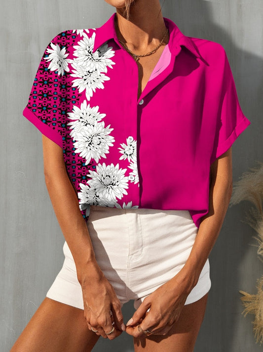 Printed Button Up Short Sleeve Shirt Hot Pink