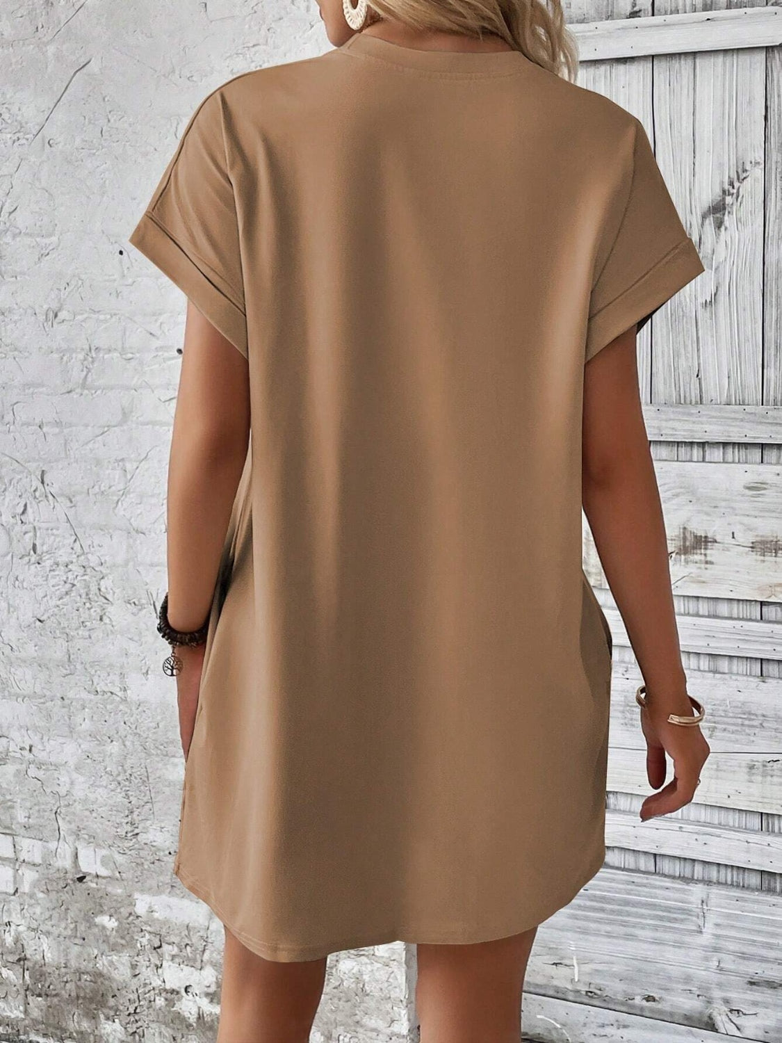 Round Neck Short Sleeve Mini Dress Camel