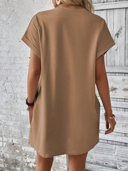 Round Neck Short Sleeve Mini Dress Camel