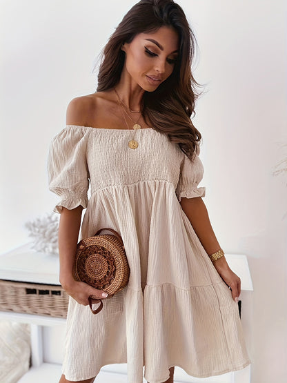 Full Size Ruffled Off-Shoulder Short Sleeve Dress Beige