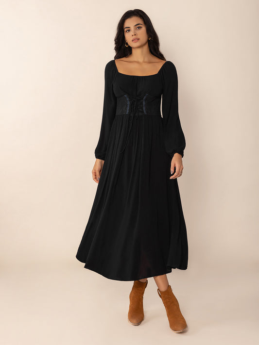 Lace-Up Square Neck Long Sleeve Midi Dress Black