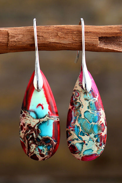 Handmade Teardrop Shape Natural Stone Dangle Earrings Red One Size