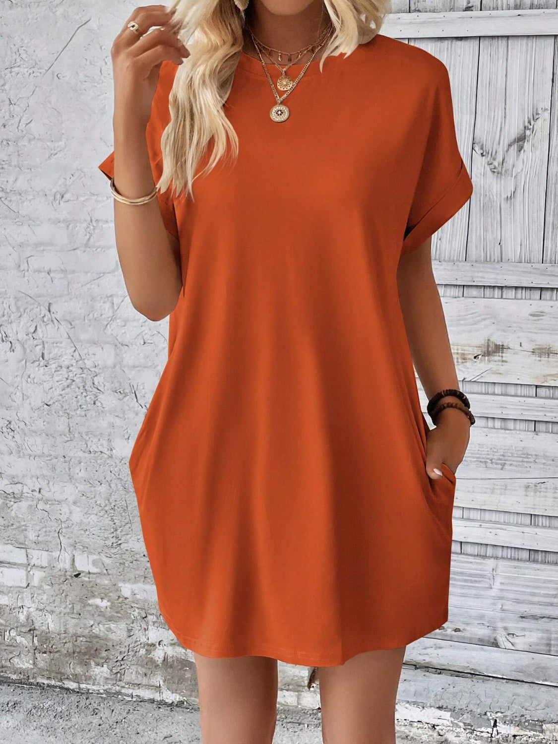 Round Neck Short Sleeve Mini Dress Orange