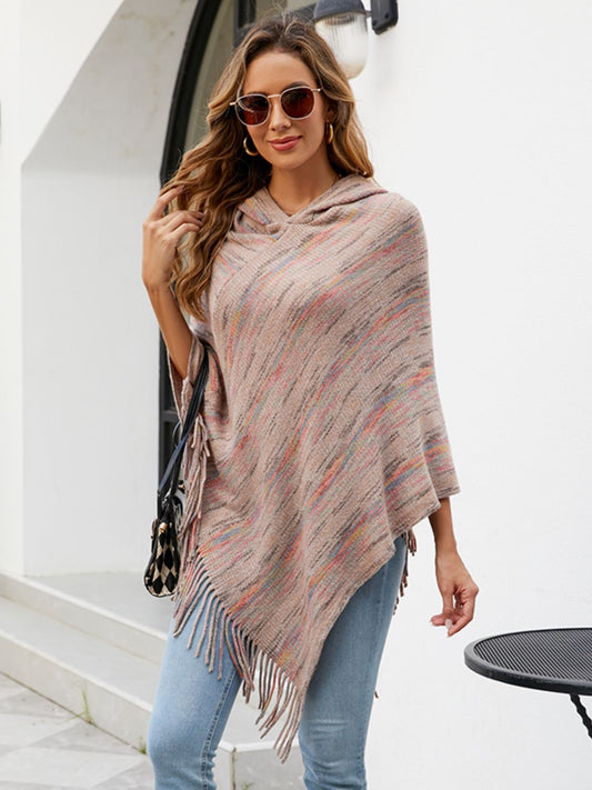 Fringe Hem Hooded Poncho Khaki One Size