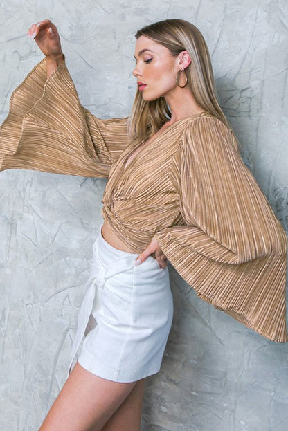 Camel Pleated Bell Sleeve Twist V Neck Cropped Blouse