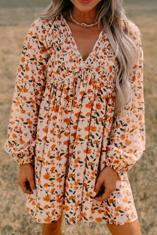 Smocked Printed V-Neck Long Sleeve Dress Floral