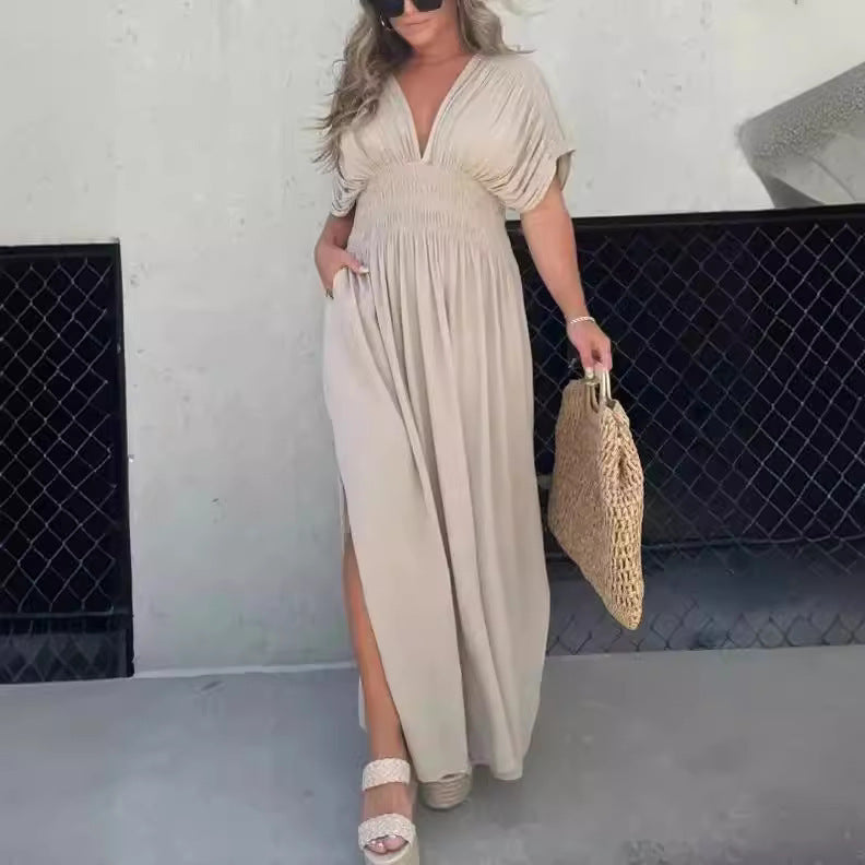 Women's Bat-Sleeve V-Neck Maxi Dress - Summer Slit Dress with Elastic Waist