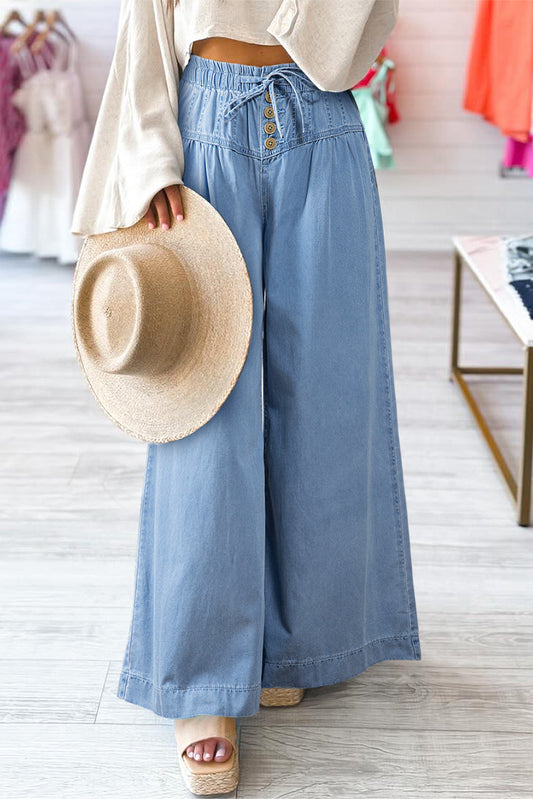 Beau Blue Mineral Wash Button Fly Waist Wide Leg Jeans Beau Blue 100%Cotton