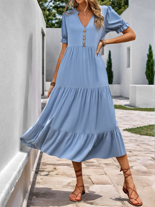 Perfee Decorative Button Notched Short Sleeve Midi Dress Light Blue