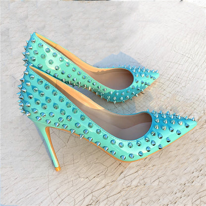 Rivet Embellished Tangerine Stiletto Pumps – 10cm High Heels for Women