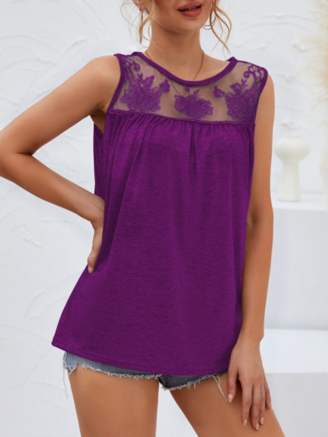 Lace Detail Round Neck Tank Deep Purple