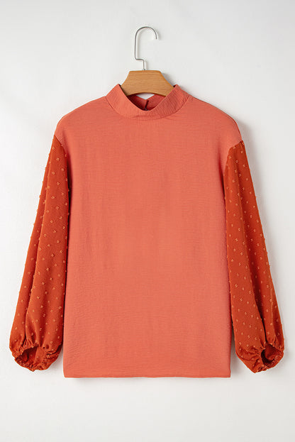 Russet Orange Swiss Dot Balloon Sleeve Loose Blouse Russet Orange 100%Polyester