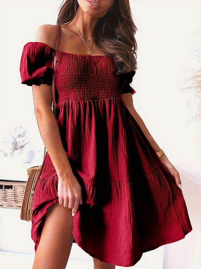 Full Size Ruffled Off-Shoulder Short Sleeve Dress Burgundy