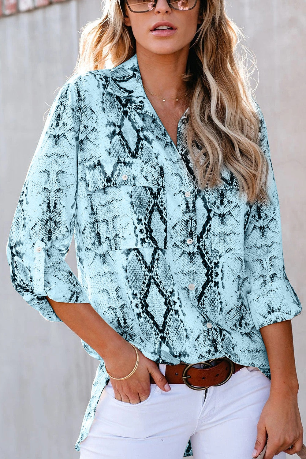 Pockted Printed Button Up Shirt Aqua