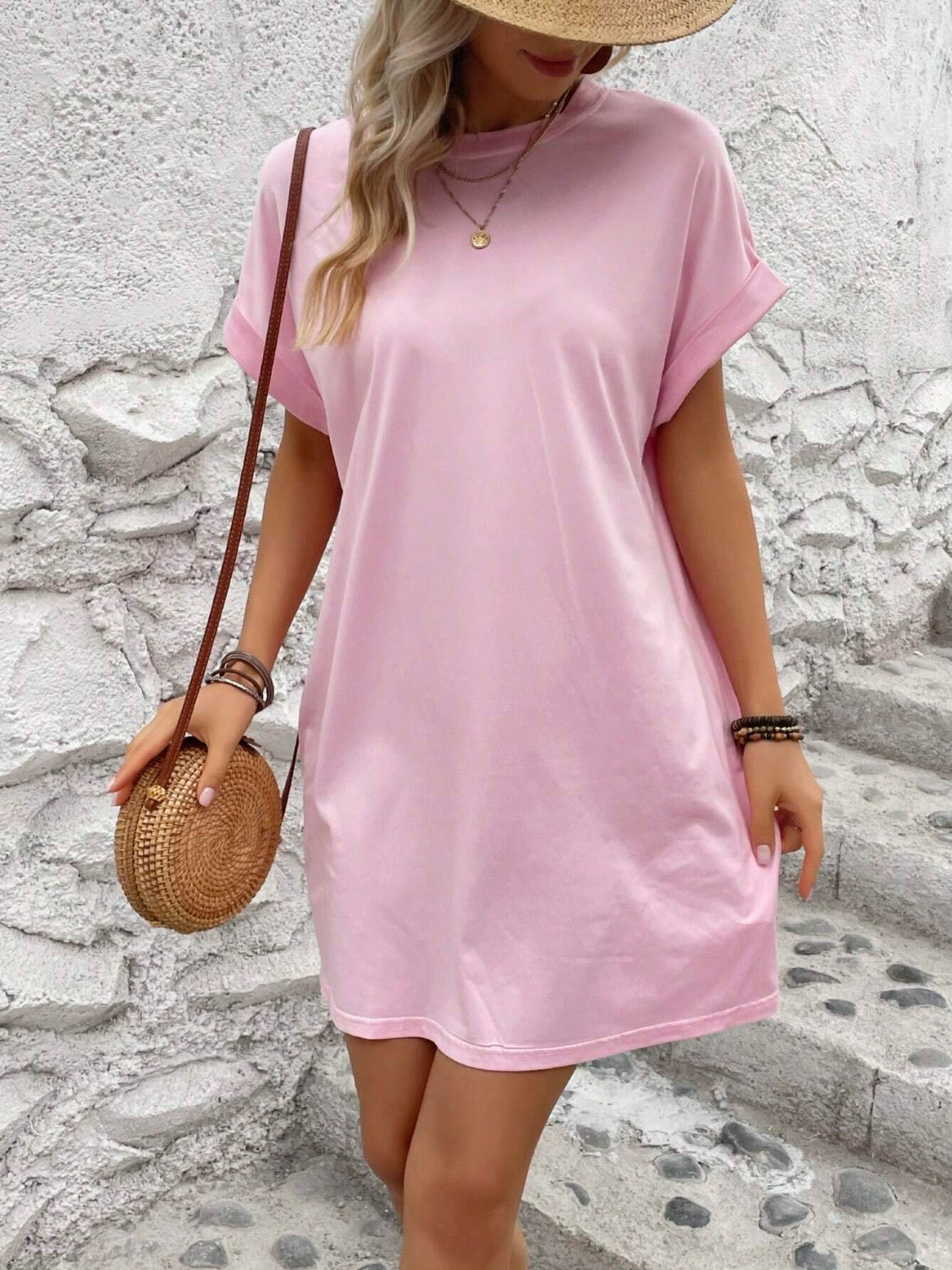 Round Neck Short Sleeve Mini Dress Blush Pink
