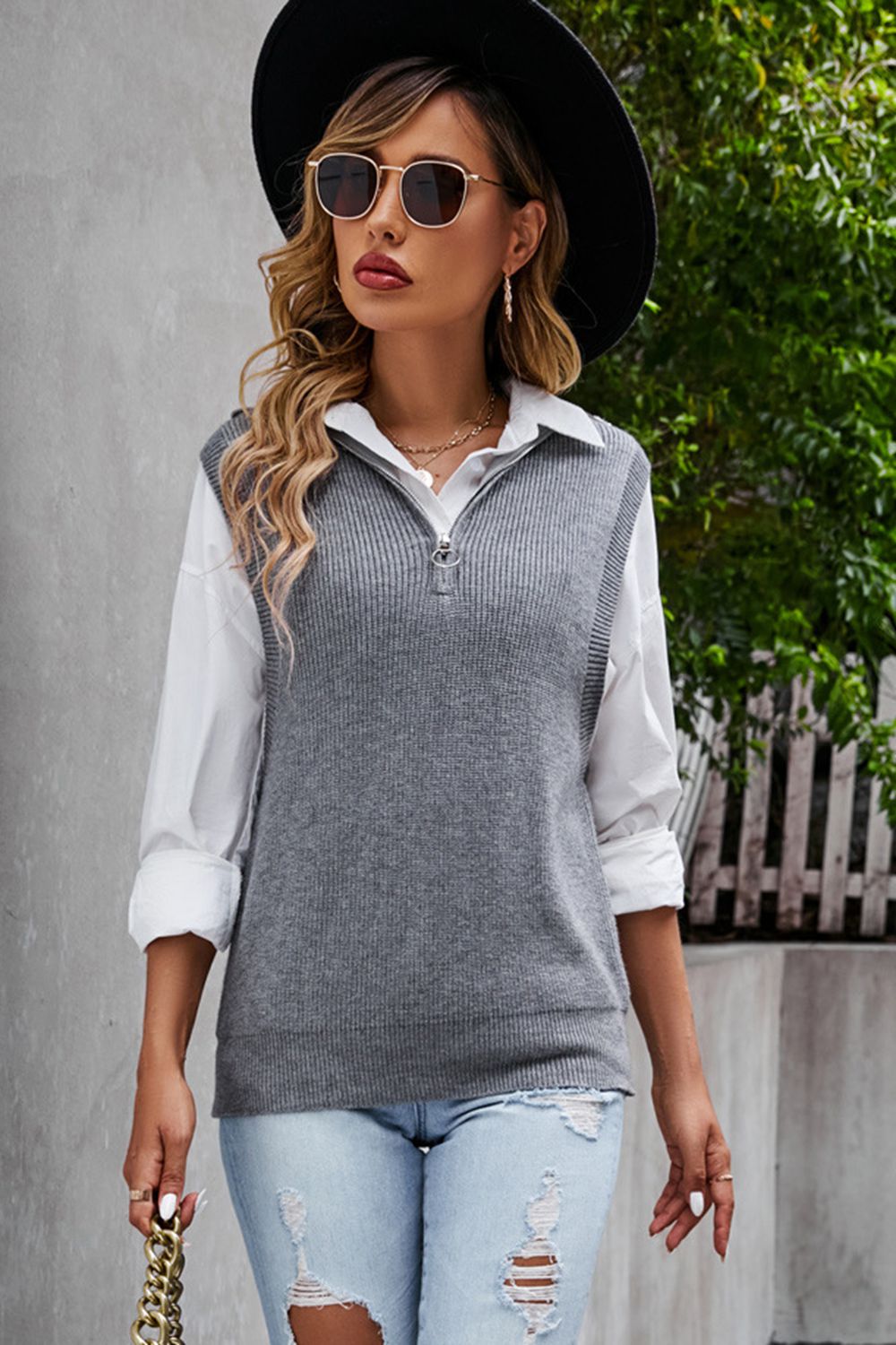 Quarter-Zip Ribbed Sweater Vest Dark Gray