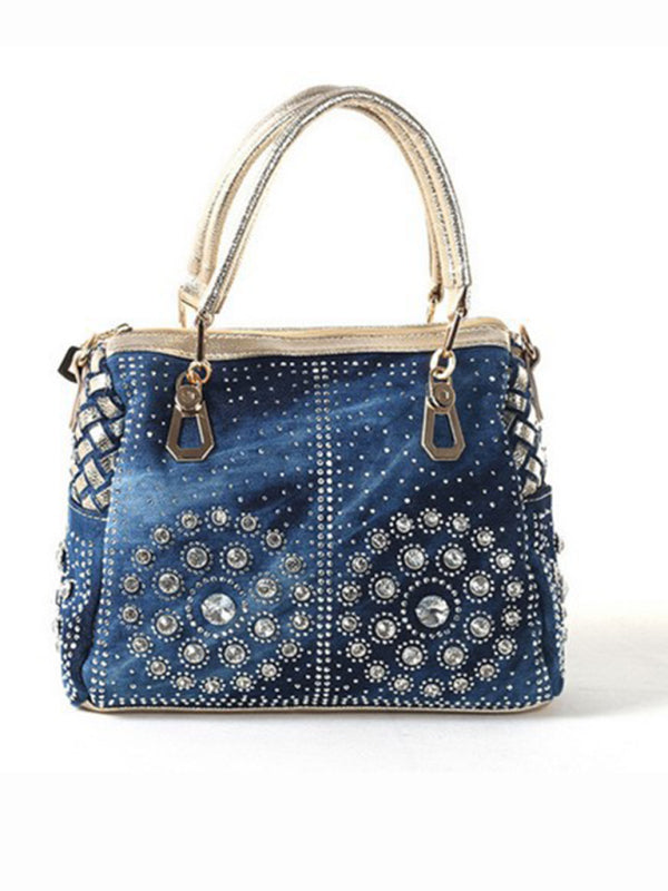 Denim bag canvas hand-held diamond shoulder crossbody bag tote bag Golden FREESIZE