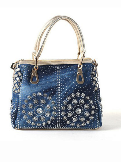 Denim bag canvas hand-held diamond shoulder crossbody bag tote bag Golden FREESIZE