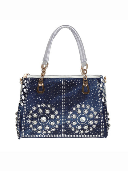 Denim bag canvas hand-held diamond shoulder crossbody bag tote bag Silver grey FREESIZE