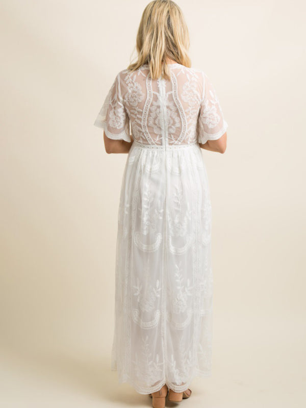 Maternity clothes-Woven short-sleeved V-neck lace long dress